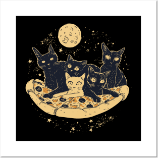 Retro futuristic cats on pizzas in space Posters and Art